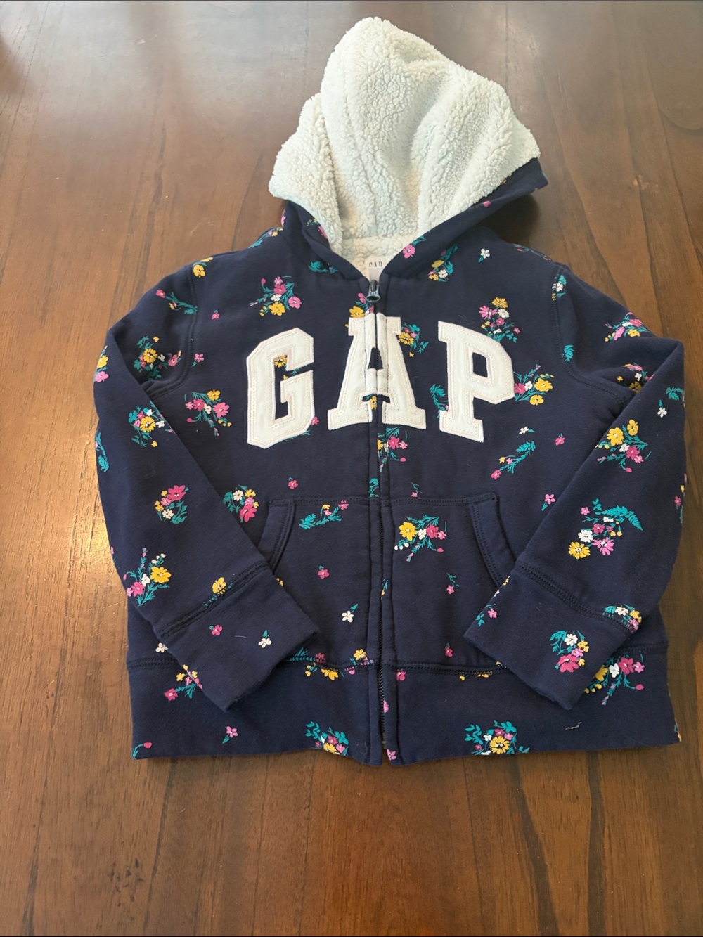 GAP Navy Floral Sherpa-Lined Zip Hoodie